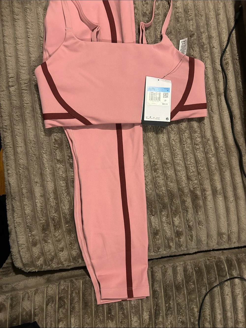 Nike Pink Strappy Sports Bra and Leggings Set with Burgundy Trim